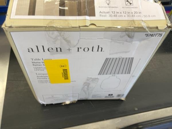 allen + roth Table Lamp - Matte White Finish, Rattan Shade, 20 inches Retail $60.00