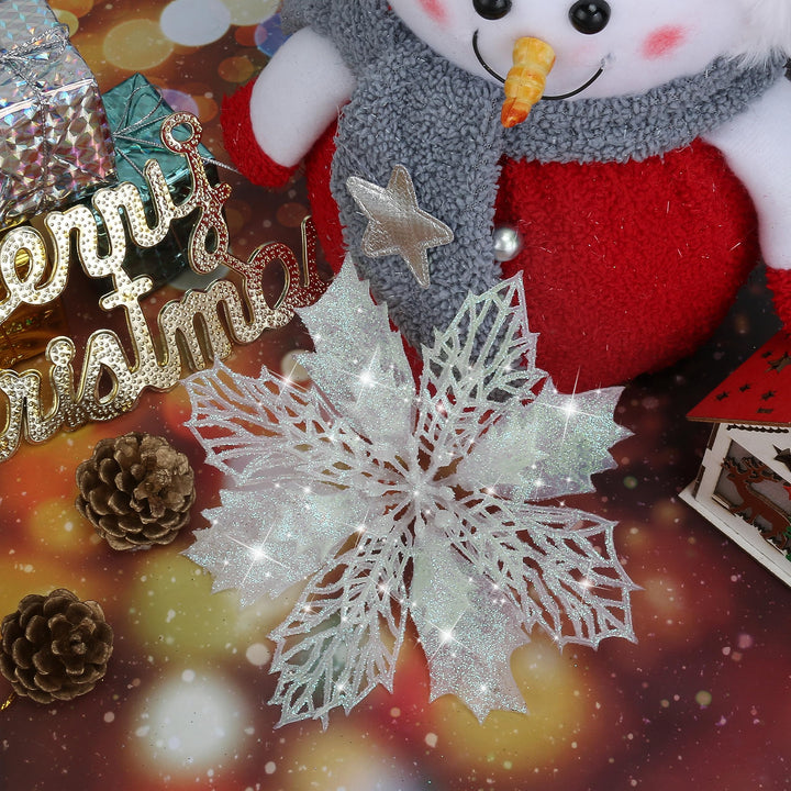 14 PCS Poinsettia Flower, 6.3" Artificial Poinsettia Christmas Decorations Glitter Poinsettias Christmas Ornaments Christmas Tree Flower Decor with Clips DIY Xmas Wreath Holiday Weed Home Party Decor