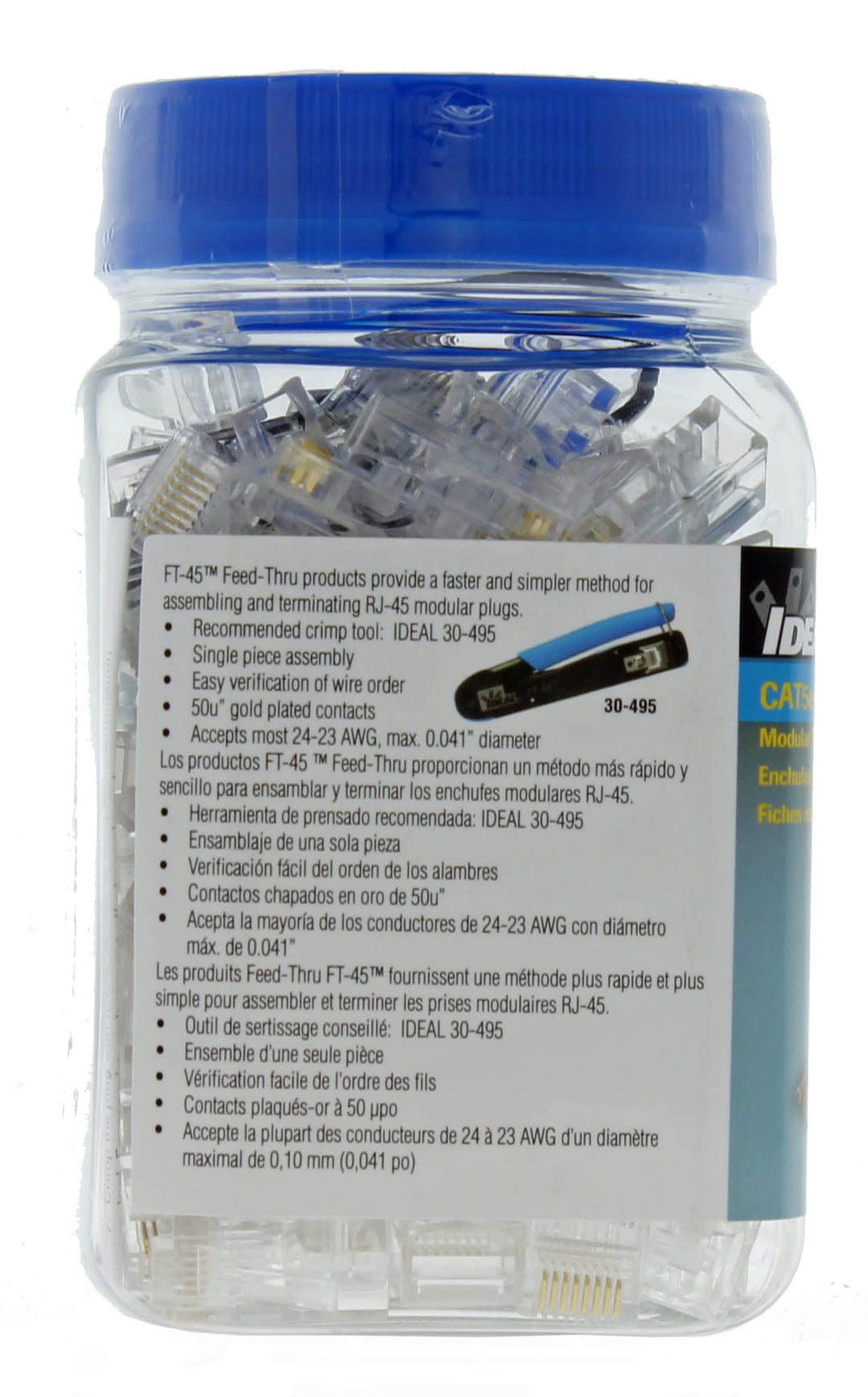 IDEAL INDUSTRIES INC. 85-372J 8P8C Single Piece Modular Plug, Feed-Thru Design RJ-45 Connector for CAT5e, Twisted Pair 100 MHz Cables, (100 Connectors, Jar)