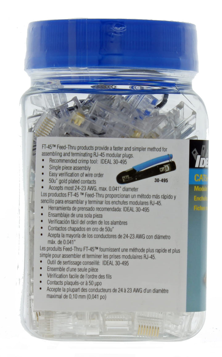 IDEAL INDUSTRIES INC. 85-372J 8P8C Single Piece Modular Plug, Feed-Thru Design RJ-45 Connector for CAT5e, Twisted Pair 100 MHz Cables, (100 Connectors, Jar)