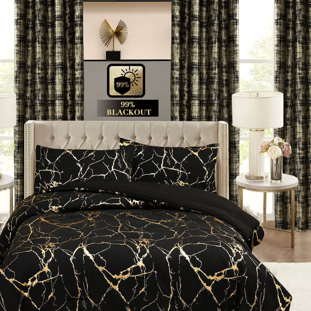 SHINELAND Black Curtains for Living Room 108 Inches Long,Blackout Gold Pattern Velvet Contemporary Elegant Glow in The Dark 9ft Ceiling to Floor Length Curtains