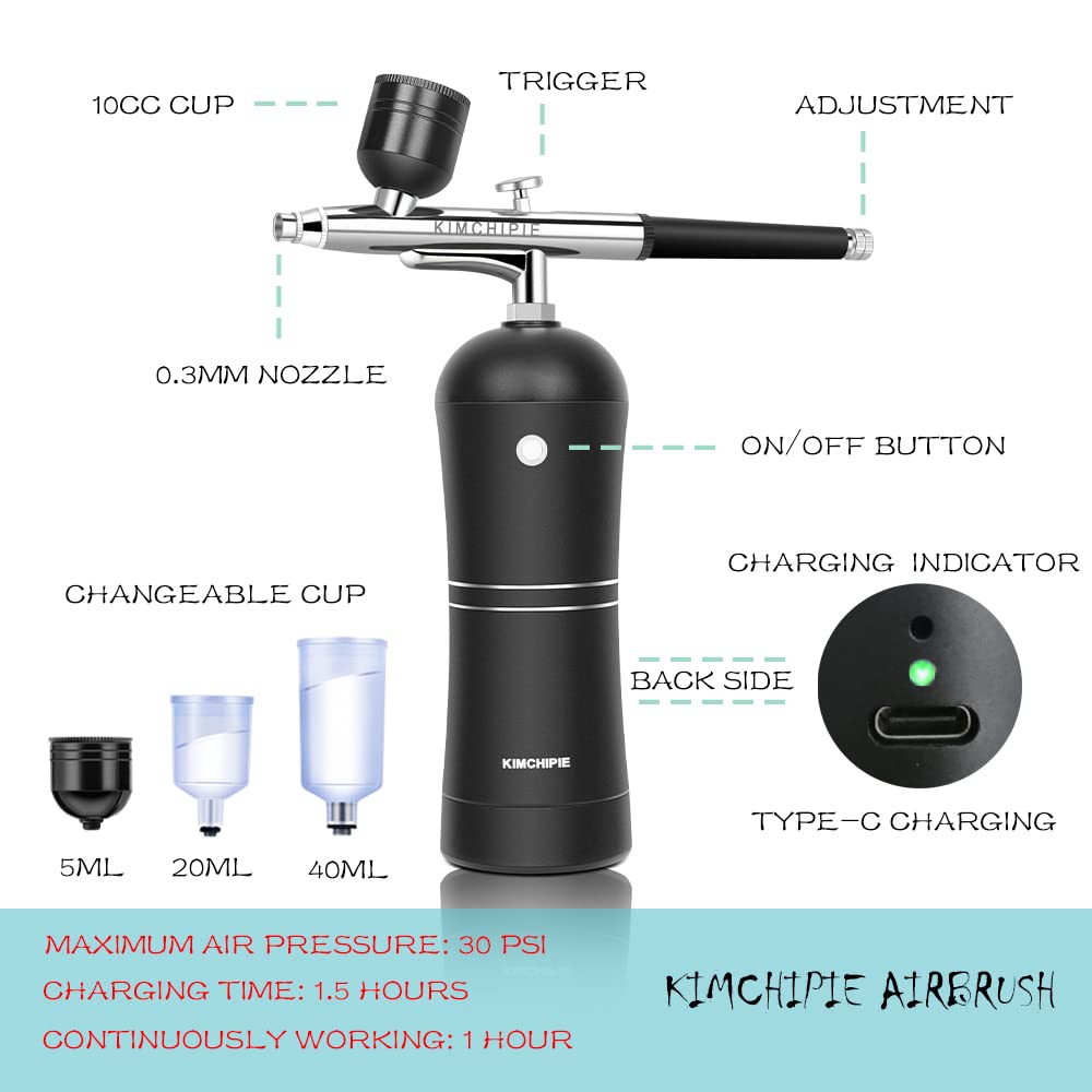 Kimchipie Cordless Airbrush Gun Kit with 30PSI Compressor Portable Handheld Mini Airbrush Kit Gravity Feed Rechargeable Airbrush for Makeup, Tattoo, Nail Art, Face Paint, Model Painting,Cake Decor