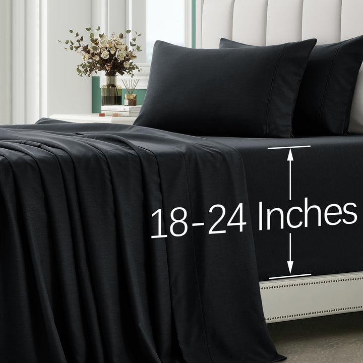 VACVELT 4pcs Extra Deep Pocket Full Sheets, Rayon Derived from Bamboo Sheets, Black Sheet Set 18-24 Inch Deep Pocket Bed Set, Cooling & Silky Bedding Set Soft & Ultra Deep Fitted Sheet Set