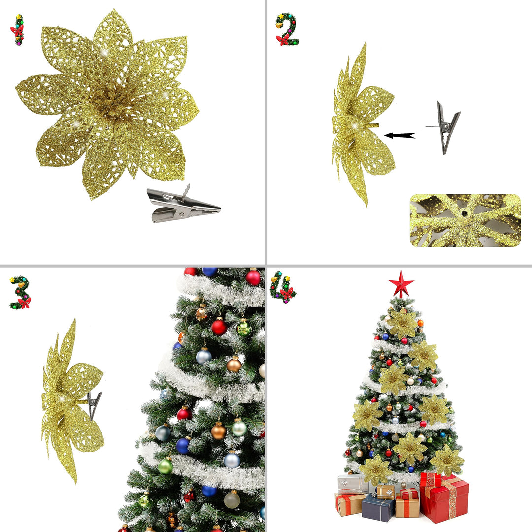 16 PCS 5.5'' Gold Poinsettia Christmas Decorations,Glitter Poinsettias Artificial Christmas Flowers with Clips,Christmas Ornaments Christmas Tree Decorations DIY Xmas Wreath Holiday Home Party Decor