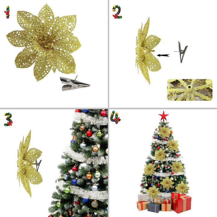 16 PCS 5.5'' Gold Poinsettia Christmas Decorations,Glitter Poinsettias Artificial Christmas Flowers with Clips,Christmas Ornaments Christmas Tree Decorations DIY Xmas Wreath Holiday Home Party Decor