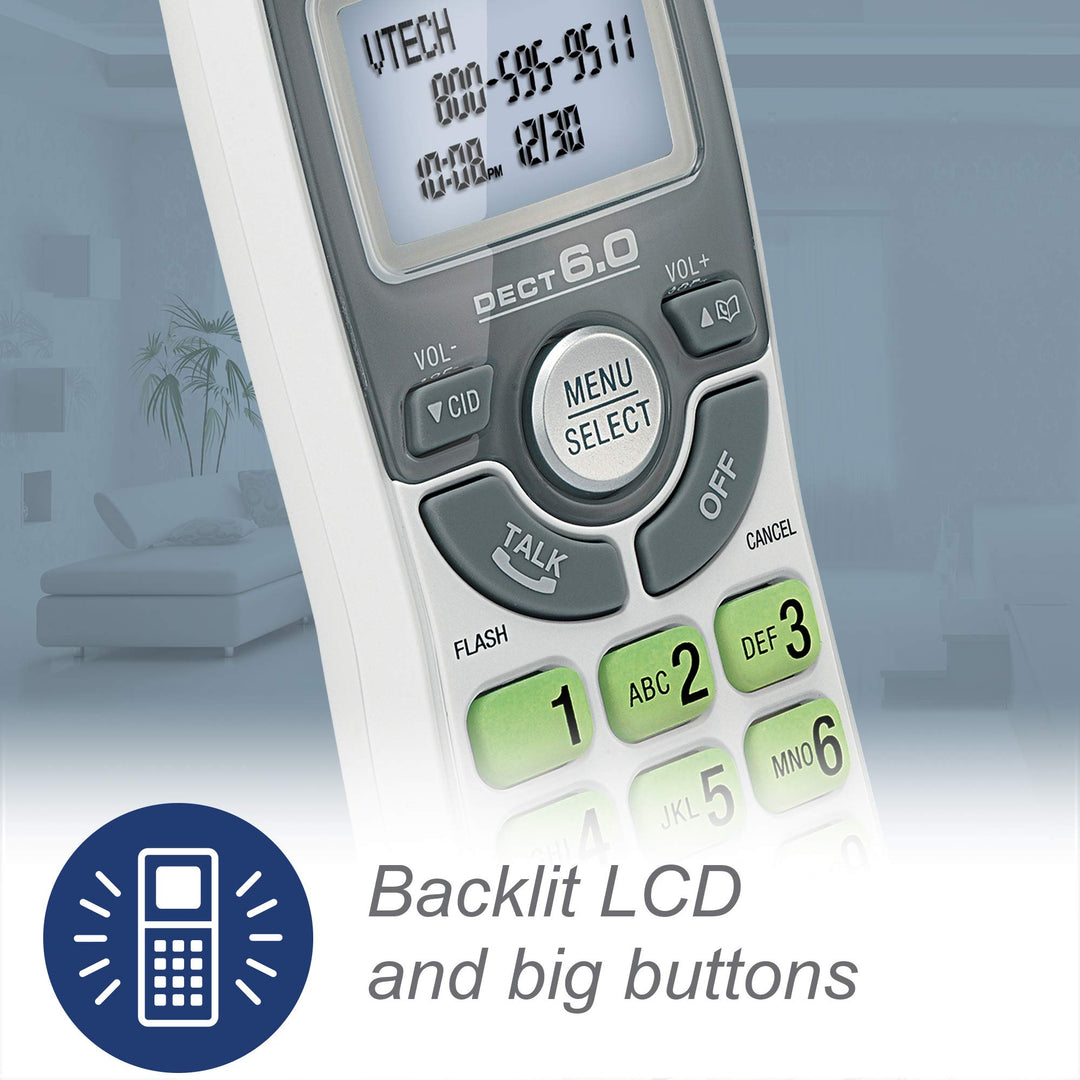 VTech CS6114 DECT 6.0 Cordless Phone with Caller ID/Call Waiting, White/Grey with 1 Handset, 3.50 x 3.50 x 7.00 Inches