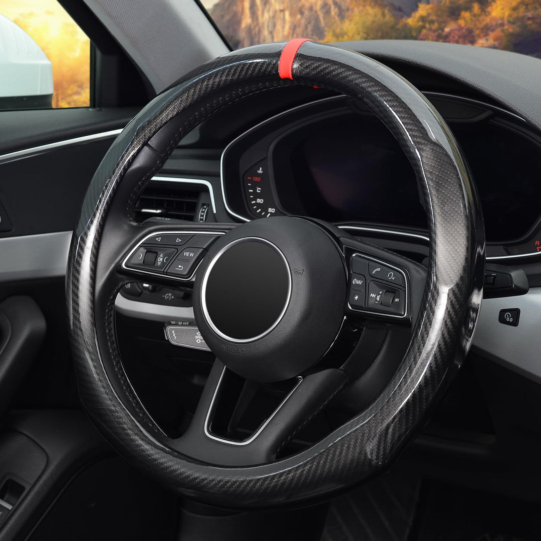 ZHOL Carbon Fiber Steering Wheel Cover, Universal Standard Size 14.5-15 inch Fashion Sport Auto Car Steering Wheel Accessories for Men, Black