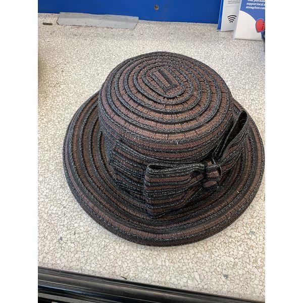 Women's Sun Hat - Brown Striped Straw Cloche Hat with Bow Retail $35.00