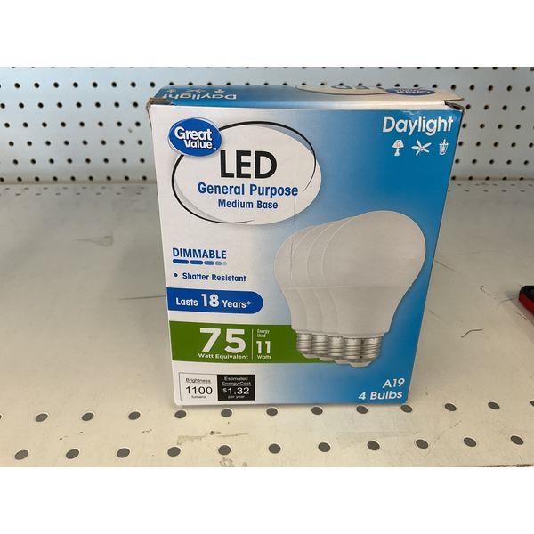 Great Value LED - General Purpose Light Bulbs, A19, 4 Bulbs, Dimmable, Daylight Retail $14.93