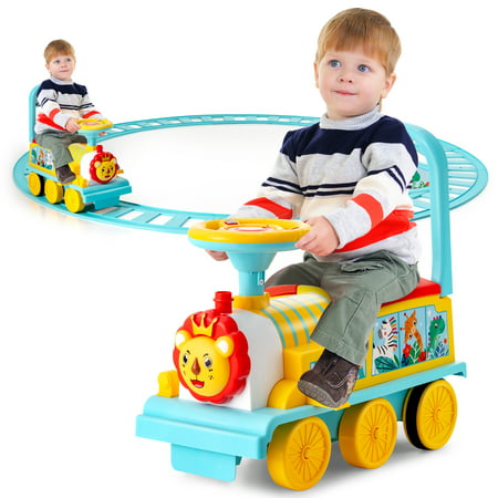 Gymax 6V Electric Kids Ride on Train Motorized Train Toy W/ Track & 6 Wheels Blue Retail $97.32