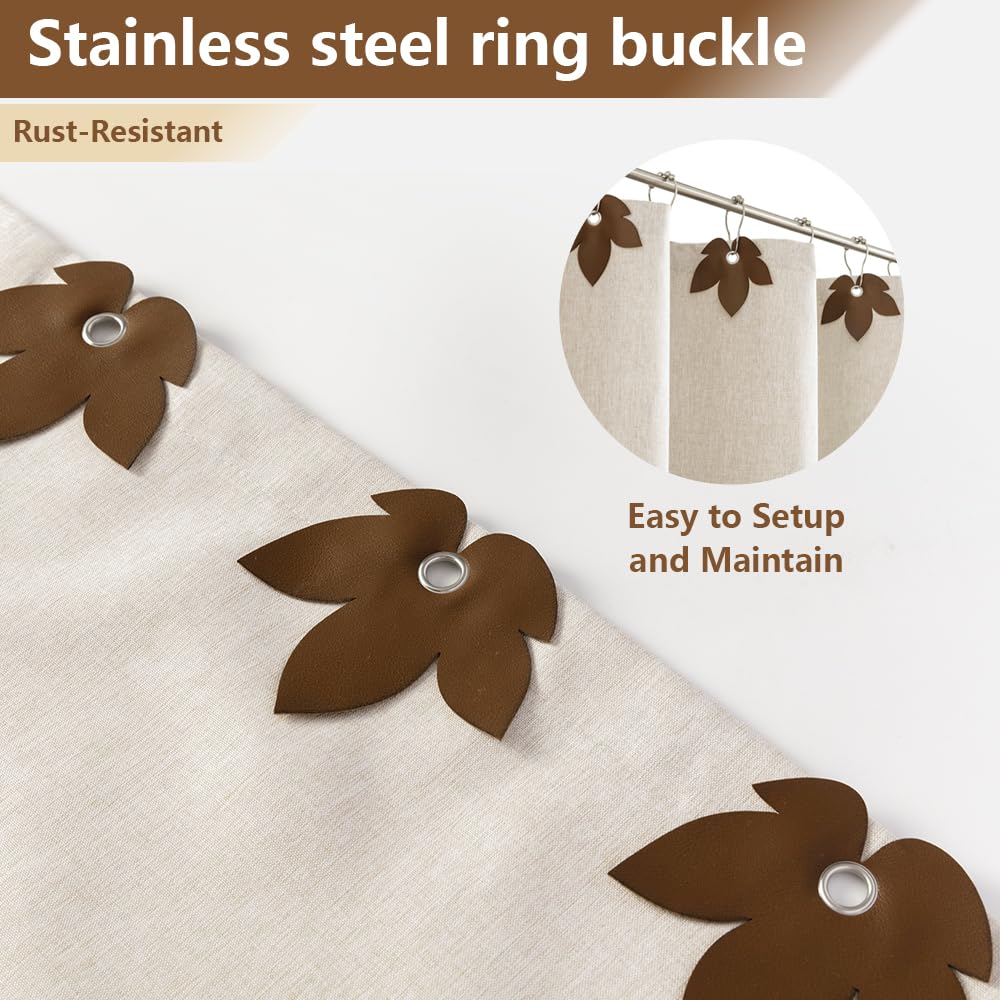 RINHARTEX Extra Long Linen Shower Curtain with Maple Leaves,Waterproof Cloth Shower Curtain Set with Plastic Hooks,Tall Hotel Luxury Fabric Shower Curtains for Bathroom-Cream/Beige-72 x78