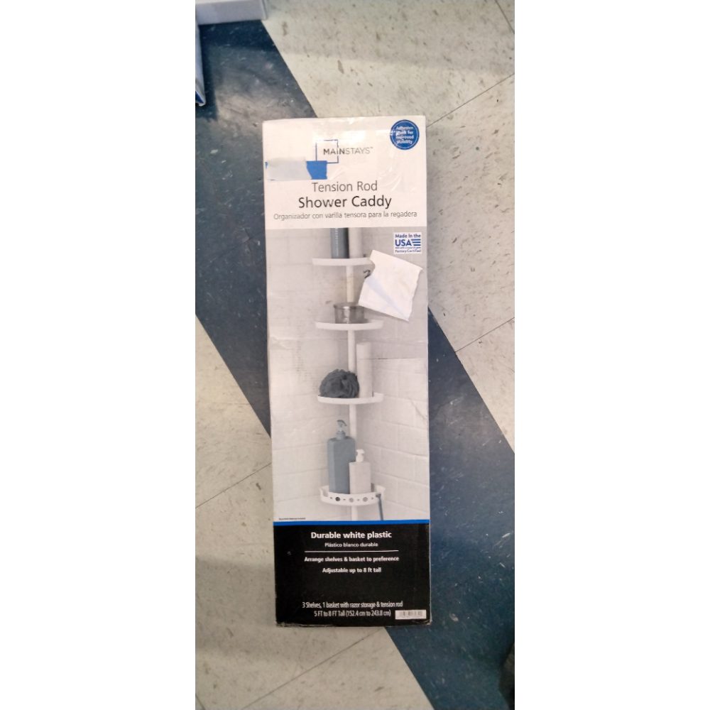 Mainstays Adjustable Tension Steel Shower Pole Caddy  3 Shelves  60  - 96   White Finish