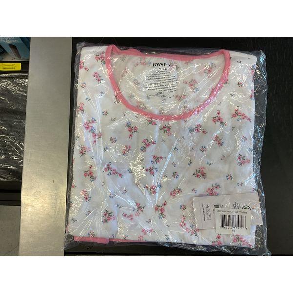 JOYSFUN Floral Pajama Set - Women's Top, Pink Trim, Short Sleeves Retail $15.98