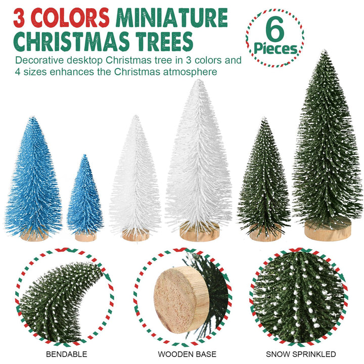 6pcs Mini Christmas Trees Christmas Decor, Artificial Christmas Mini Bottle Brush Trees Tabletop, Christmas Decoration Trees with 4 Size Xmas Holiday Decor (6pcs Green+Blue+White)