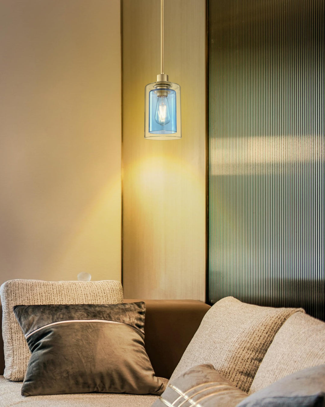 Dolaimi House 1 Light Indoor Mini Hanging Kitchen Island Pendant Light with Gold Finish,Clear Frosted Glass Chandelier Shade for Bar,Dining Room Over Sink (Blue Glass, 3 Pack)