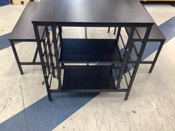 space-saving 3-piece dining table set with two tuck-away benches, a built-in wine rack, and lateral side shelving