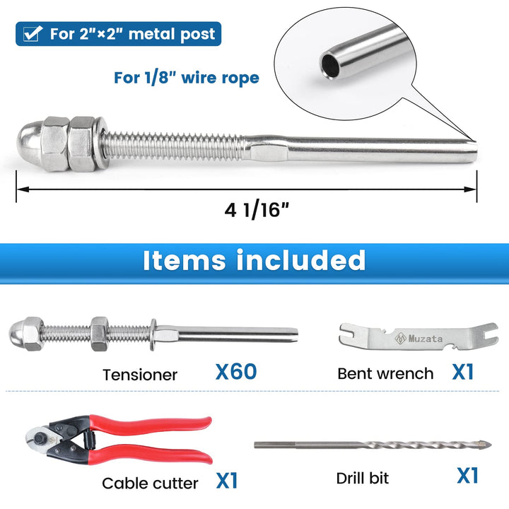 Muzata 60Pack 1/8" Cable Railing Kit Hand Swage Threaded Stud Tensioner 2x2 Metal Post with Cable Cutter Deck Stair Cable Railing Hardware