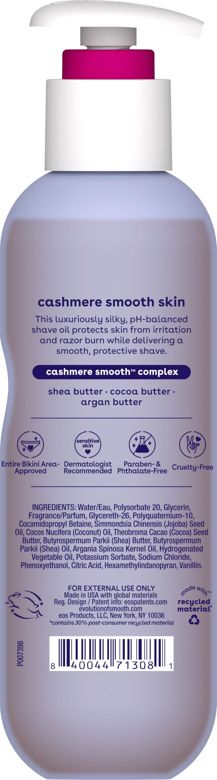 eos Cashmere Shave Oil Ã¢â‚¬â€œ Vanilla Cashmere, Moisturizing Shave Oil with Shea Butter & Glycerin, Helps Prevents Irritation & Razor Burn, Vegan, 6 fl oz