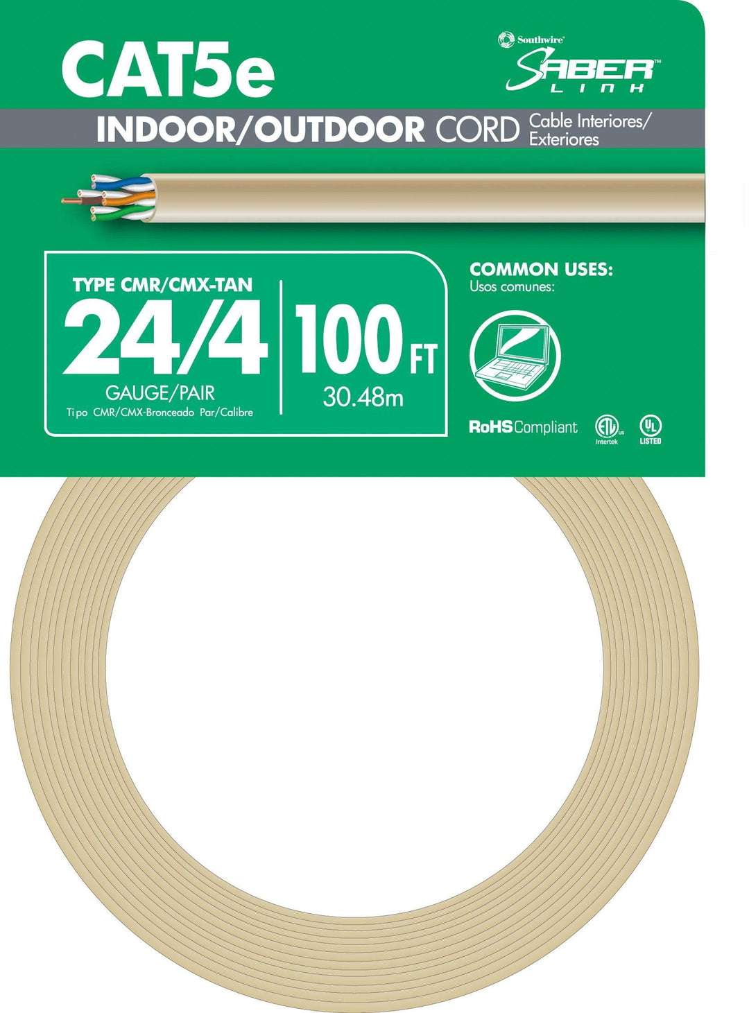 Southwire 56917643 100-Feet 24-Gauge 4 Pair CMX Outdoor-CMR UL 75-Degree C Category 5e Indoor/Outdoor Cable; Tan