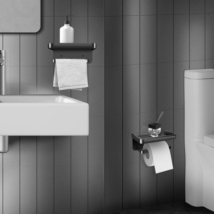 2PCS Toilet Paper Holder with Shelf, Matte Black Toilet Paper Holder, Toilet PaperHolder Wall Mount, Bathroom Adhesive Toilet Paper Holder SUS 304 Stainless Steel Modern Paper Towel Holder.