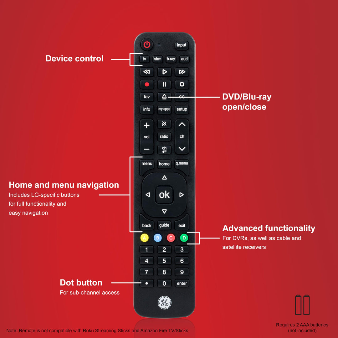 GE 4-Device Replacement Remote for LG Compatible with LED LCD HD UHD 4K HDR Smart TVs Plus Universal Remote Control Function for Streaming Players, Sound Bars, Blu-ray, DVD, and More, 57818