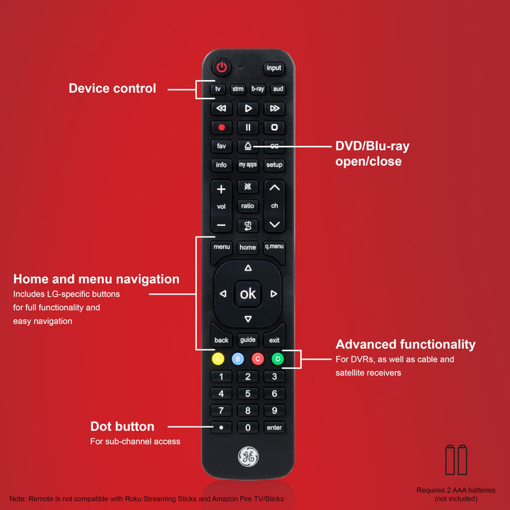 GE 4-Device Replacement Remote for LG Compatible with LED LCD HD UHD 4K HDR Smart TVs Plus Universal Remote Control Function for Streaming Players, Sound Bars, Blu-ray, DVD, and More, 57818