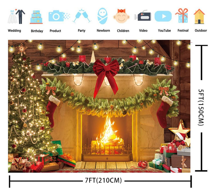 Christmas Fireplace Theme Backdrop Xmas Tree Gift Rustic Wooden floor Photography Background Baby Kids Christmas Family Party Decorations Banner Photo Prop (82x59inch)