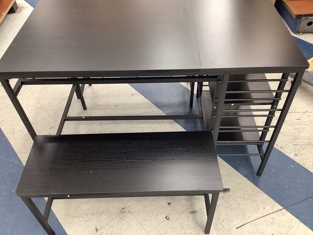 space-saving 3-piece dining table set with two tuck-away benches, a built-in wine rack, and lateral side shelving