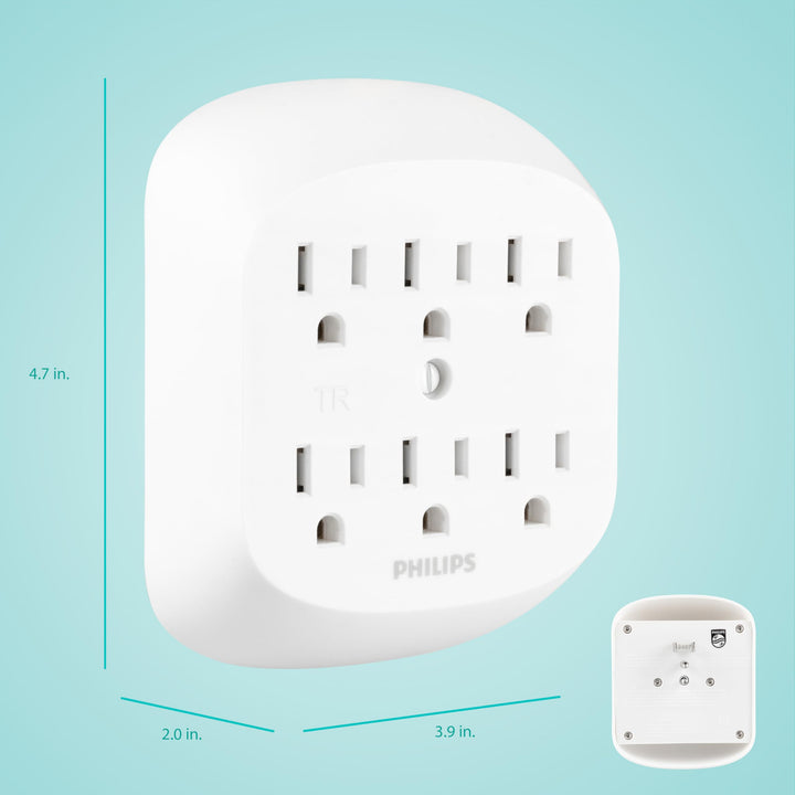 Philips 6 Adapter, Wall Tap Power Strip, Tamper Resistant Protected Outlets, 3-Prong, ETL Listed, White, SPS1461WA/37, 1 Pack