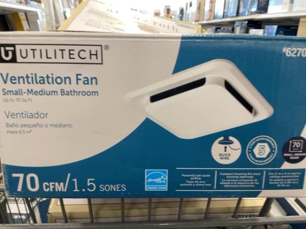 Utilitech Ventilation Fan - Small-Medium Bathroom, 70 CFM, Quiet Operation Retail $50.00