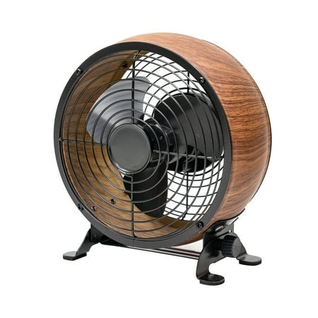 Better Homes & Gardens New Retro 5 in Drum Fan with Wood Grain Color & Adjustable Tilt and USB-C Plug