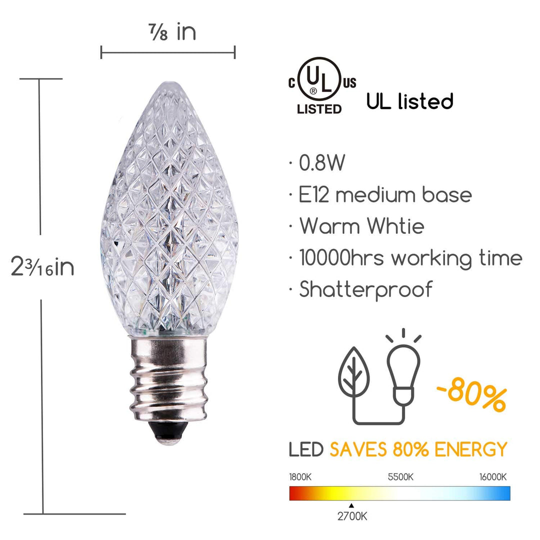 50 Pack C7 Led Replacement Christmas Light Bulb, C7 Shatterproof Led Bulbs for Christmas String Lights, E12 Candelabra Base, Commercial Grade Dimmable Holiday Bulbs, Warm White
