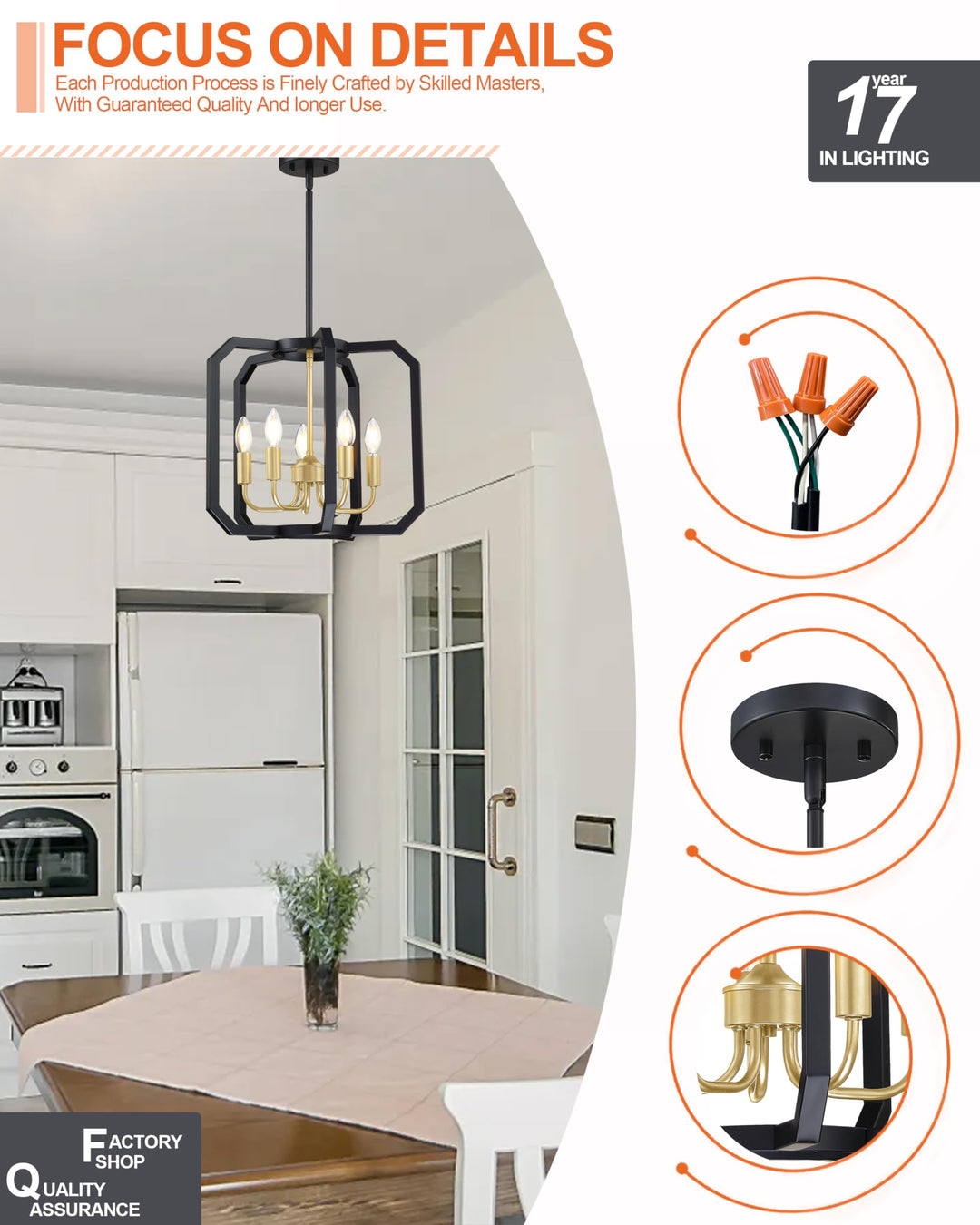 Doraimy Lighting 5 Light Farmhouse Adjustable Rod Black Pendant Light Fixtures Gold Finish,Rustic Hanging Ceiling Chandelier Light for Foyer Dining Room Kitchen Island Hallway