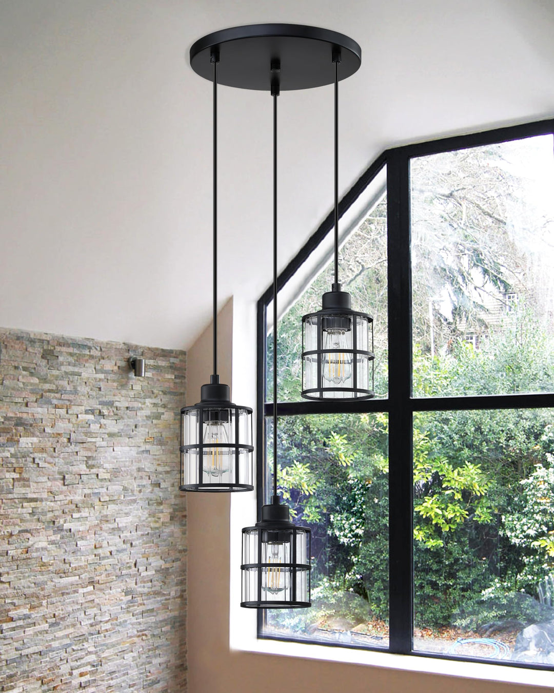 3 Light Metal Cage Clear Glass Ceiling Light Black Finish,Modern Flush Mount Ceiling Lighting Fixture for Dining Room Bar CafÃ© Kitchen Island