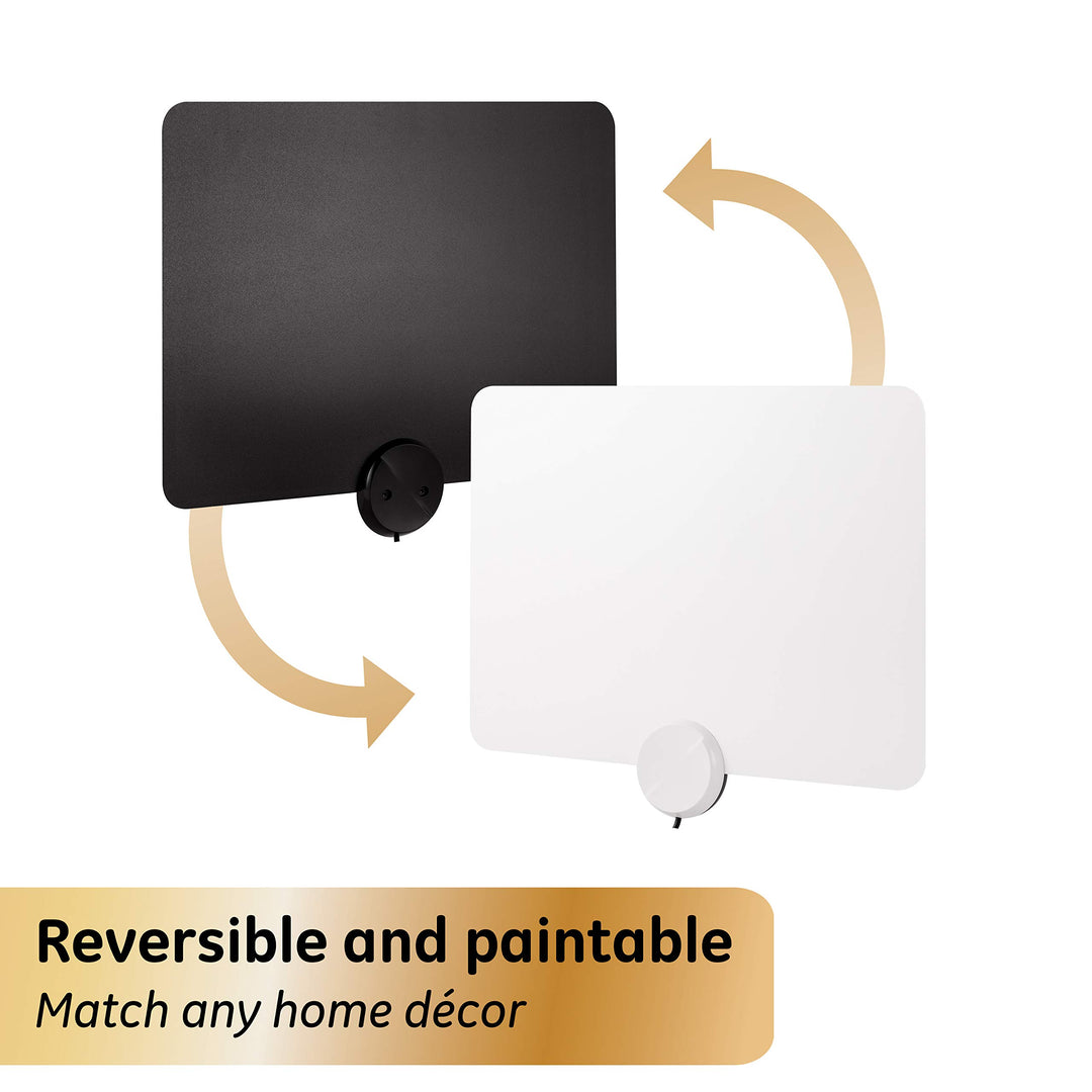 GE Ultra-Thin Amplified TV Antenna, 4K Ready 1080P Digital HDTV UHF VHF, Long Range Indoor TV Antenna, Amplifier with LTE Filter, Reversible Black/White Finish, 48862