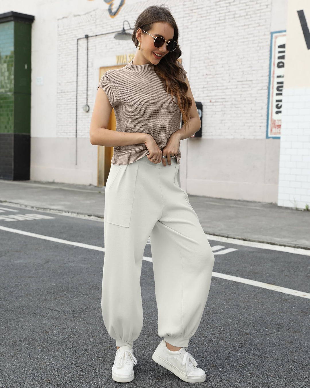 NANYUAYA Two Piece Outfits Sweater Sets for Women Lounge Sets Knit Pullover Tops and High Waisted Pants Fashion Loungewear(Khaki,S)