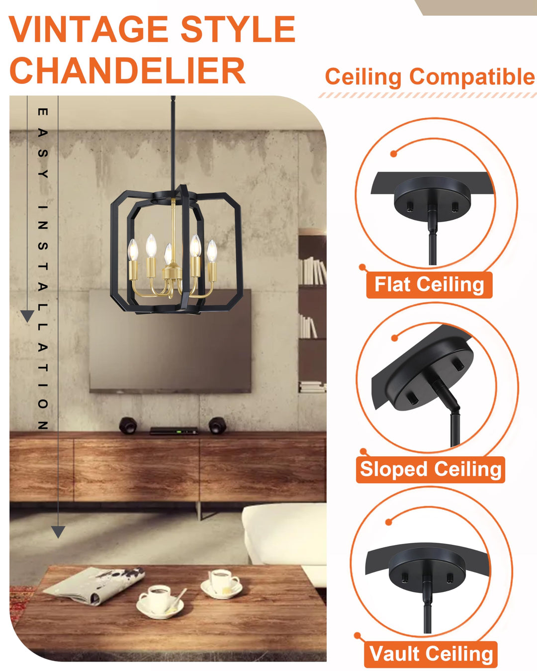 Doraimy Lighting 5 Light Farmhouse Adjustable Rod Black Pendant Light Fixtures Gold Finish,Rustic Hanging Ceiling Chandelier Light for Foyer Dining Room Kitchen Island Hallway