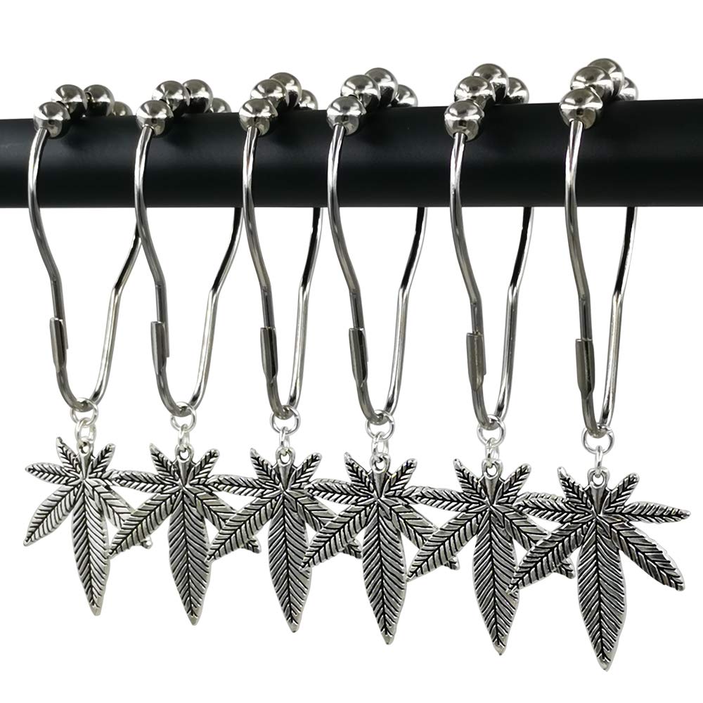 Chenzt Shower Curtain Rings Hooks Decorative Home Bathroom Stainless Steel Rustproof Shower Curtain Hook Ring Set Polished Chrome with Antique Silver Marijuana Weed Cannabis Decorative Pendants 12Pcs