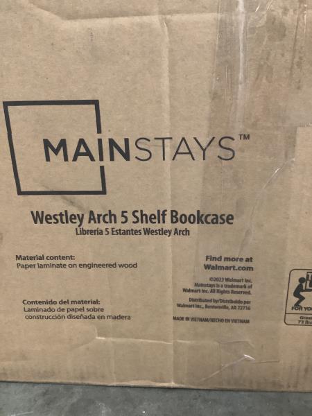 Mainstays Westley Arch 5 Shelf Bookcase - Engineered Wood, Laminate Retail $104.00