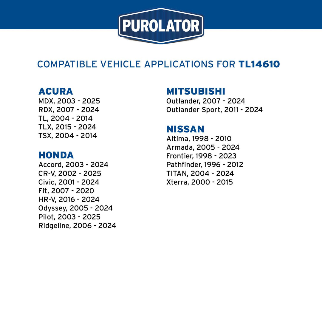 Purolator TL14610 PurolatorTECH Spin On Oil Filter Compatible With Honda CR-V, Accord, Civic, Pilot, Odyssey, HR-V, Fit, Nissan Frontier, TITAN, Xterra, Acura MDX and RDX