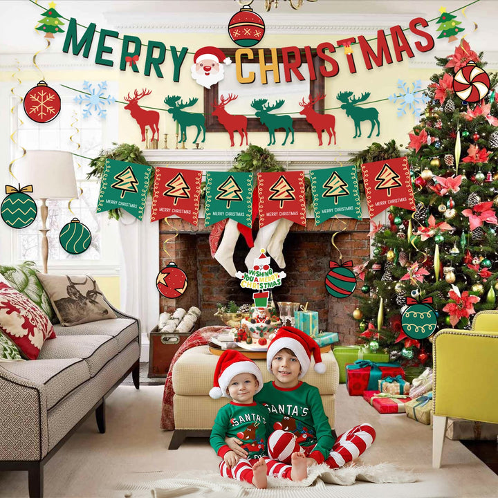 Chilfamy Christmas Decorations, Red Green Merry Christmas Party Banners, Reindeer Snow Garland Banner, Candy Foil Hanging Swirl Decors, Cake Topper for Ugly Sweater X-mas Holiday Home Party Supplies
