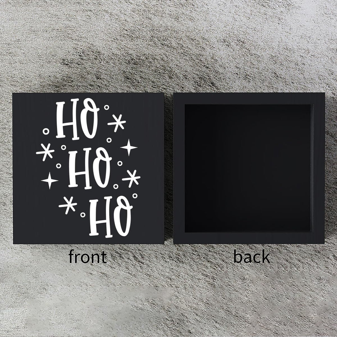 Funny Christmas Wooden Box Sign Plaque Ho Ho Ho Snowflake Black Wood Box Sign Rustic Art Home Shelf Desk Decor 5 x 5 x 1 Inches
