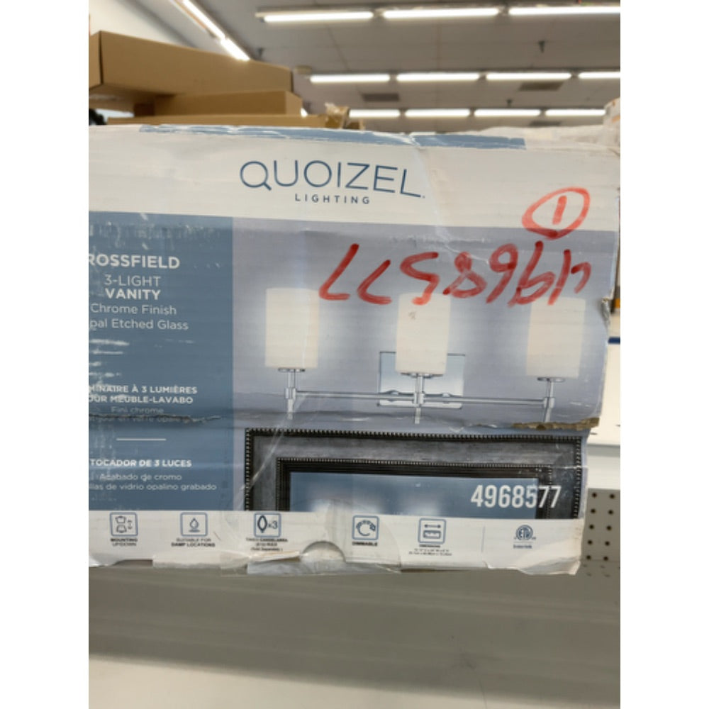 Quoizel Rossfield Vanity Light, 24 Inch 3-Light Chrome Finish with White-Etched Glass Shade Light for Bathroom, Bedroom, or Kitchen