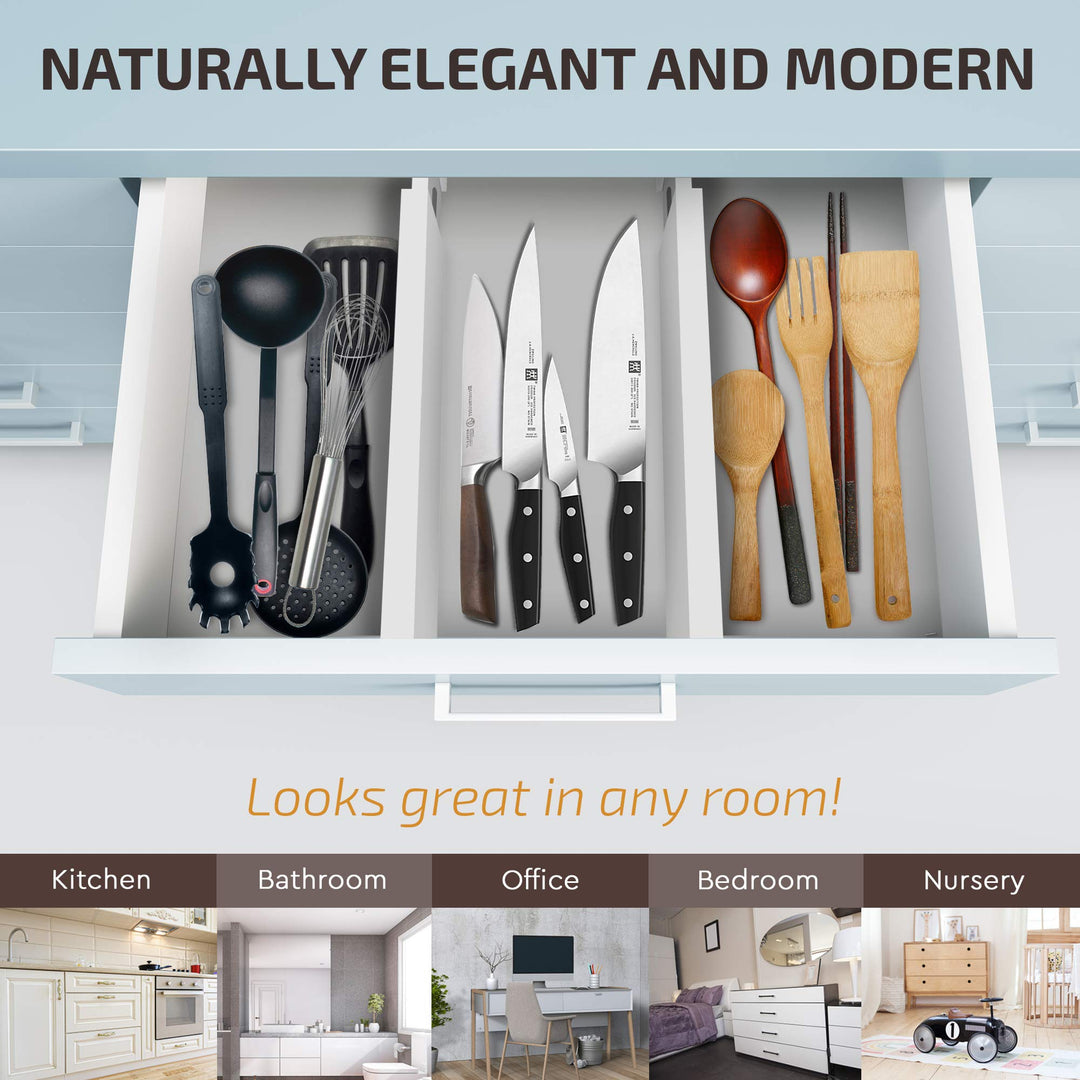 Adjustable Bamboo Drawer Divider Organizers - 6 Pack Large Expandable Drawer Organization Separators for Kitchen Utensils, Dresser, Bedroom, Bathroom, Baby Drawer, Office - 17.5â€ to 22" (White)