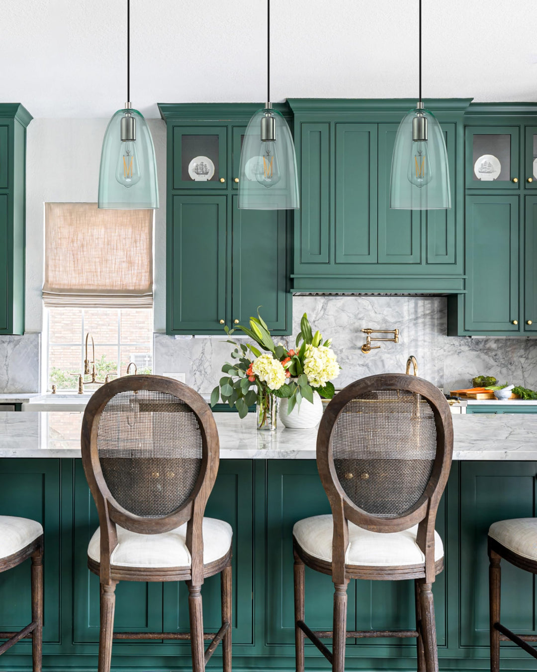 2 Pack 1 Light Indoor Hanging Kitchen Island Pendant Lights 5.3" Clear Green Glass Pendant Light Fixture,Brushed Nickel Finish Modern Farmhouse Dinning Over Sink