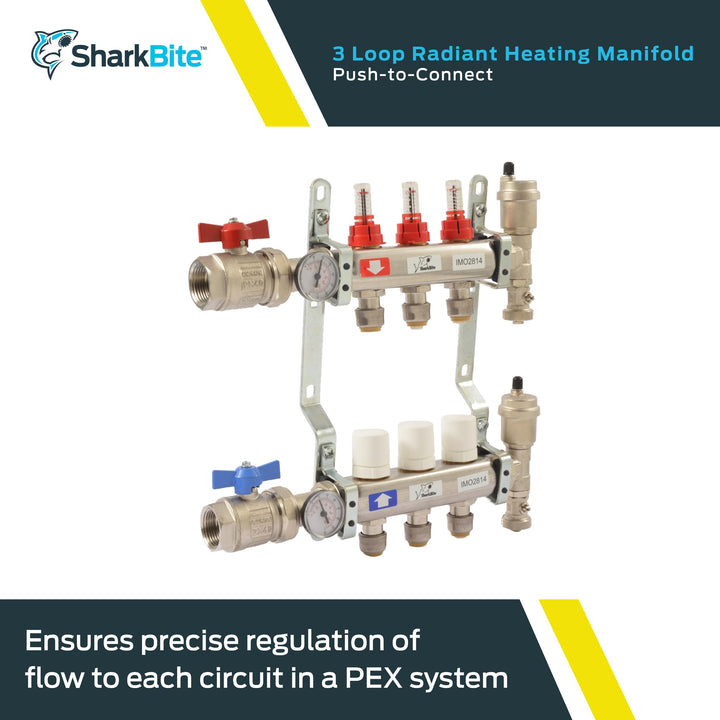 SharkBite 3 Loop Radiant Heating Manifold, Push to Connect Brass Plumbing Fitting, PEX Pipe, PE-RT, 24930 Retail $281.00