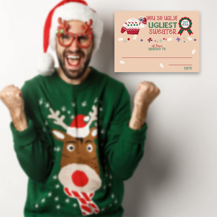 Ugly Christmas sweater voting suit, Ugly Sweater Party Christmas Party, Tacky Christmas Party-1 Sign,1Awards and 50 Guessing Cards(36C)