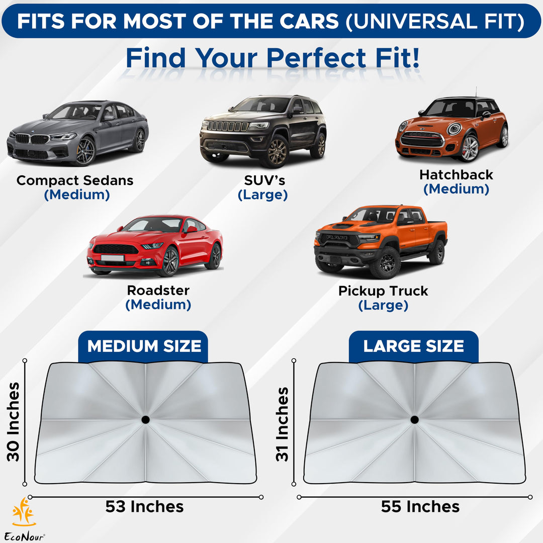 EcoNour Adjustable Car Windshield Umbrella Sun Shade | Foldable UV Protection Shade with 240T Polyester | Fits Various Windshield Angles