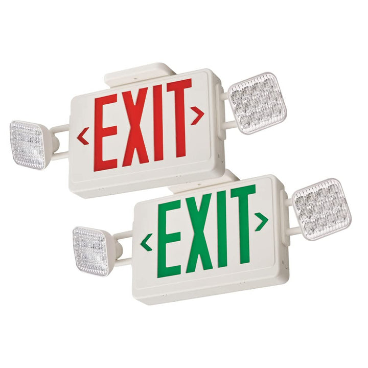 Lithonia Lighting Basics LED Exit Sign/Emergency Light Combo, Red/Green Switchable Exit Sign and Emergency Lights for Business, 2-Head Fixture, Square Lamp Heads, White (ECRG SQ M6)