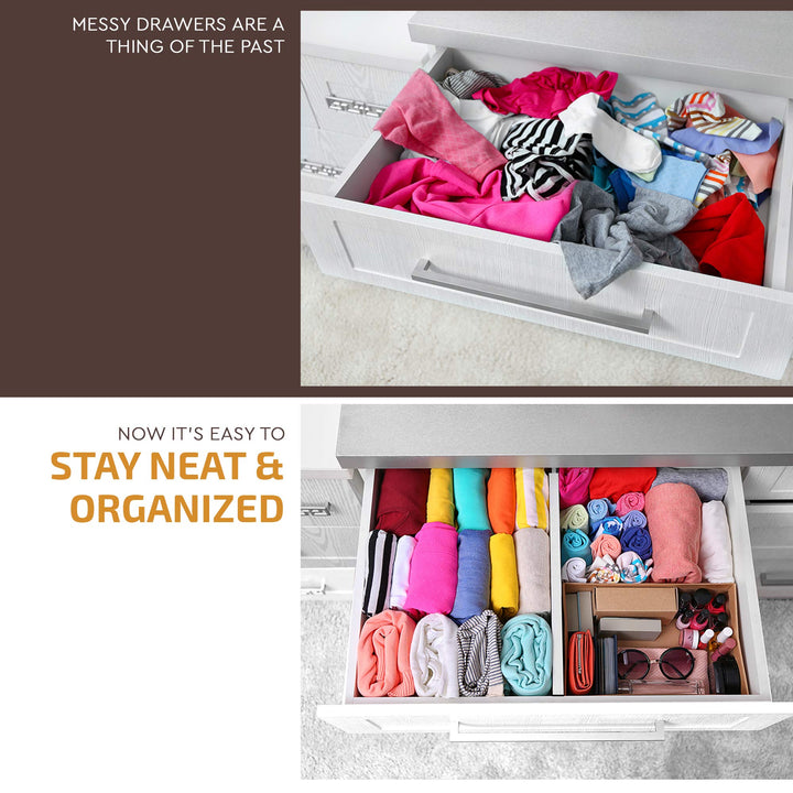 Adjustable Bamboo Drawer Divider Organizers - 6 Pack Large Expandable Drawer Organization Separators for Kitchen Utensils, Dresser, Bedroom, Bathroom, Baby Drawer, Office - 17.5â€ to 22" (White)